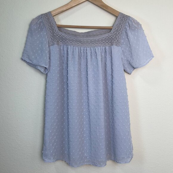 J. CREW Gray Swiss Dot Lace Trim Sheer Top Short Sleeve Blouse Size 0 - Picture 7 of 8